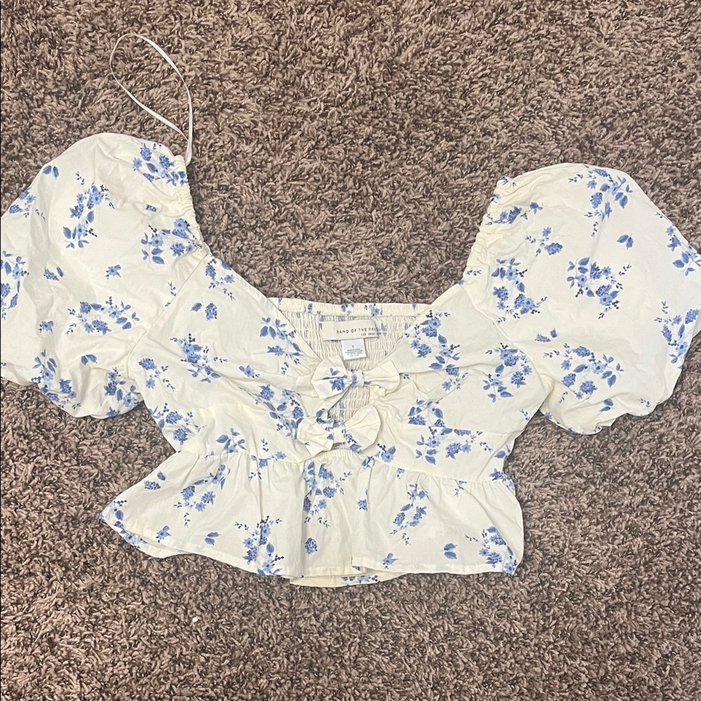 Elegant Blue Floral Puff Sleeve Blouse